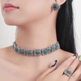 thumbnail image 2 of Vintage Ethnic Indian Jewellery Set for Women Traditional Bollywood Oxidized Choker Necklace Crystal Stud Earring Open Ring Cubic Zirconia Bohemian Daily Wear Parties Wedding Jewelry Xmas, 2 of 8