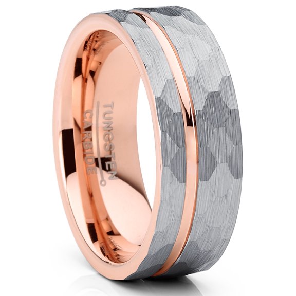 Metal Masters Mens Hammered Grooved Tungsten Carbide Wedding Band Ring Silver Rosegold-tone Comfort-Fit 8mm