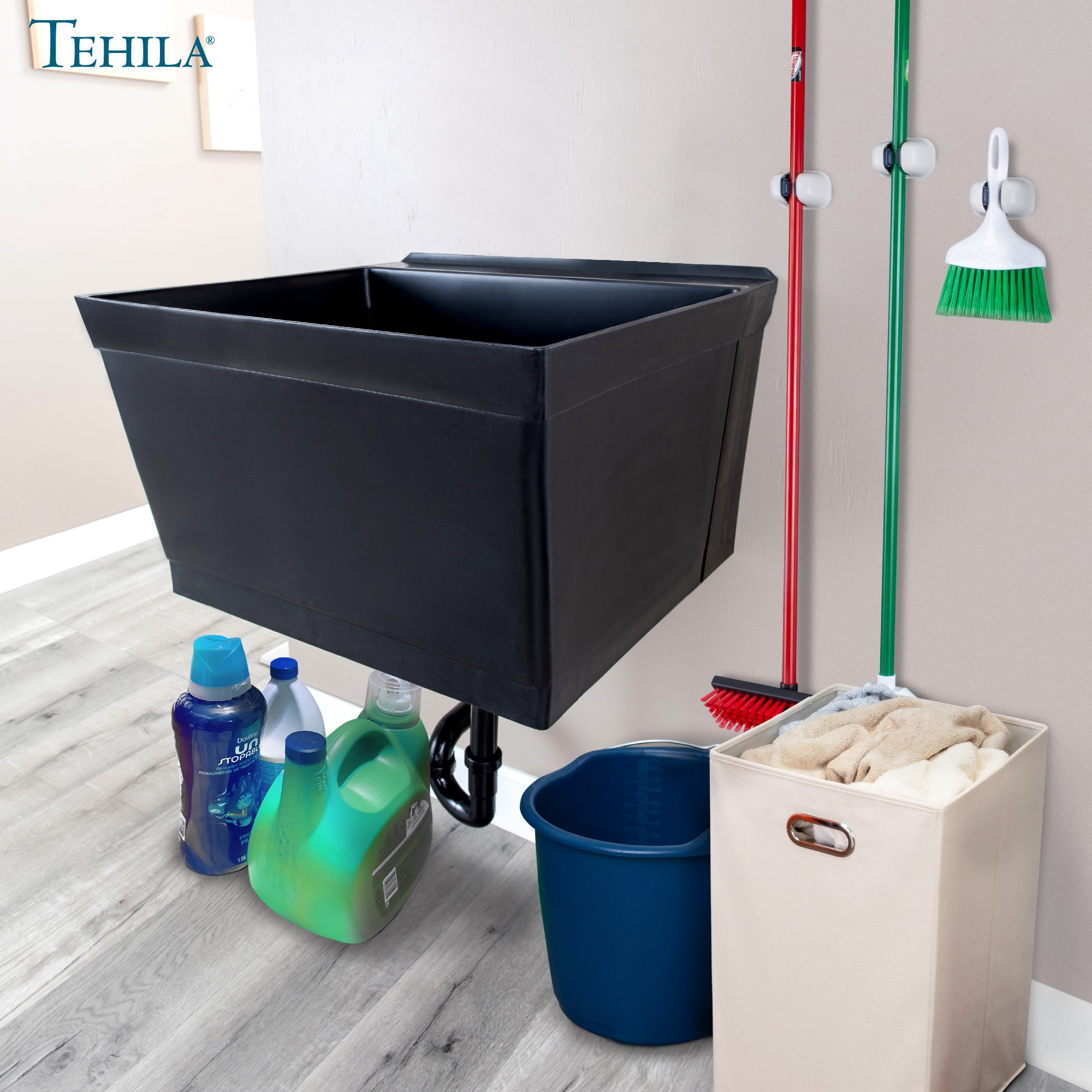Tehila Wall Mounted Black Utility Sink with Drain Assembly Kit