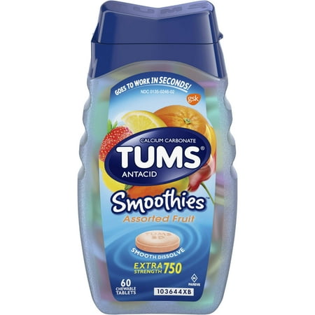 TUMS Antacid Chewable Tablets, Smoothies Assorted Fruit for Heartburn Relief, 60 count