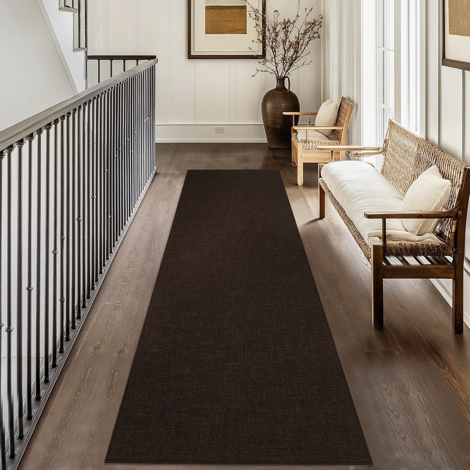 Garvee 2'x6' Modern Solid Color Runner Rug Minimalist Woven Textured Carpet, Washable Rug Non Slip Low Pile Indoor Mats for Hallway Bedroom Kitchen, Red Brown