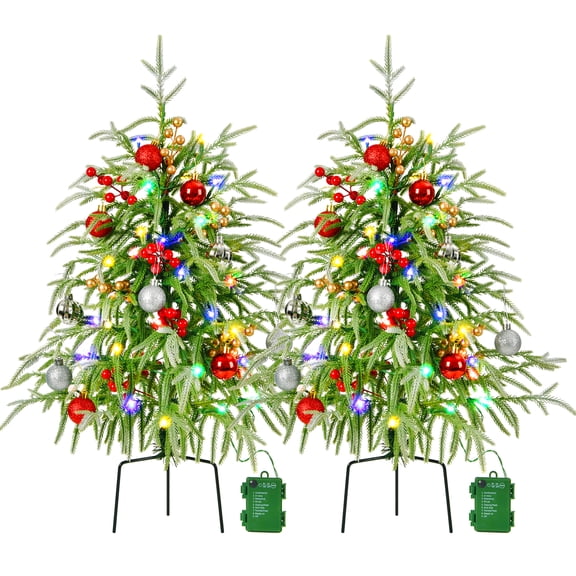 2PCS 30Inch Pre-lit Christmas Trees for Porch Front Door Artificial Norfolk Pine Lighted 100 LED Light Up Pre-Decorated Christmas Porch Decoration 8 Modes Timer (Pot Not Included)
