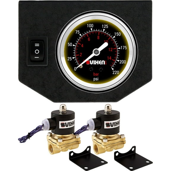 Vixen Air 1/2" NPT Electric Air Valve (Solenoid) 210PSI 12V (2-Pack) with 1 Single Needle Gauge/1 Switch Dash Panel Kit Black VXF0G2012B