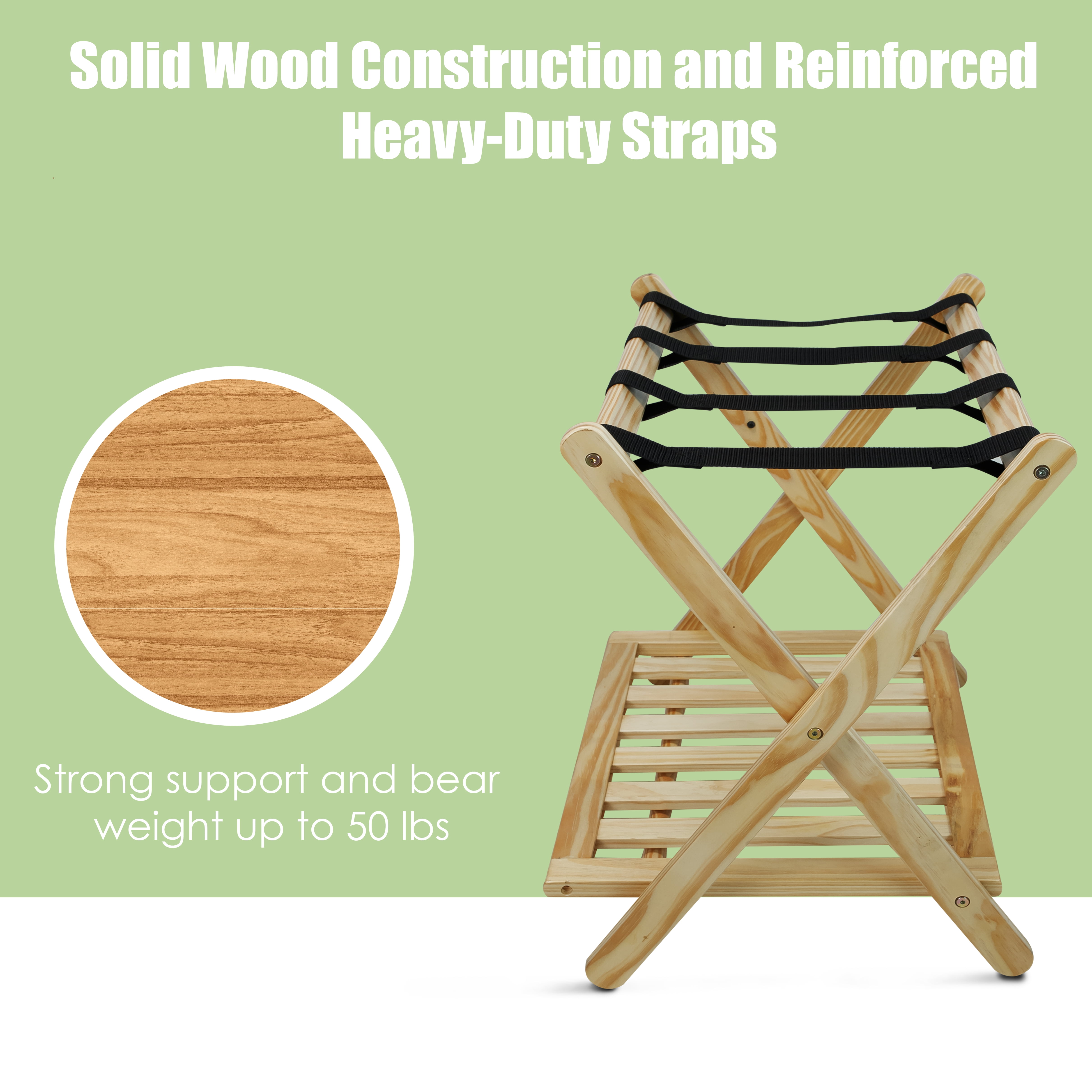 Solid Wood Folding Luggage Rack with Heavy-duty Straps and Shelf - New Walnut