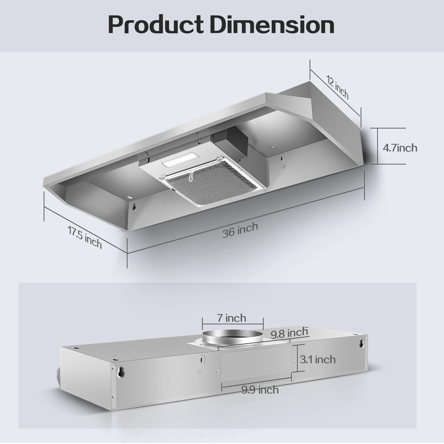 Range Hood 36 Inch Under Cabinet, Stainless Steel Kitchen Vent Hood 280CFM, Built-in Kitchen Stove Hood W/Rocker Button Control