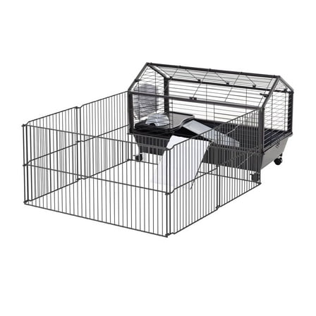 SAZYY Small Animal Hutch 35L Cage with Wheels - Bunny Playpen House for Guinea Pig Chinchilla, Black