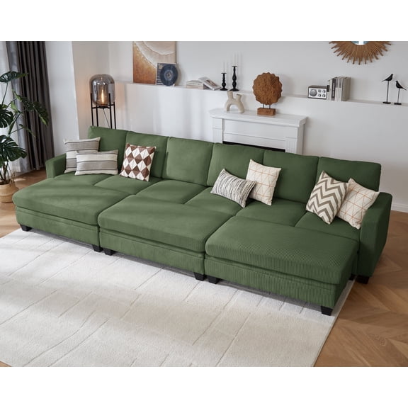 CHIC HOUSE 146.5" Sectional Sofa with Storage Ottoman Chaise, Corduroy L/U Shaped Sofa Convertible Sectional Couches for Living Room, 12 Seater Corner Modular Sofa with Deep Seat Throw Pillows, Green