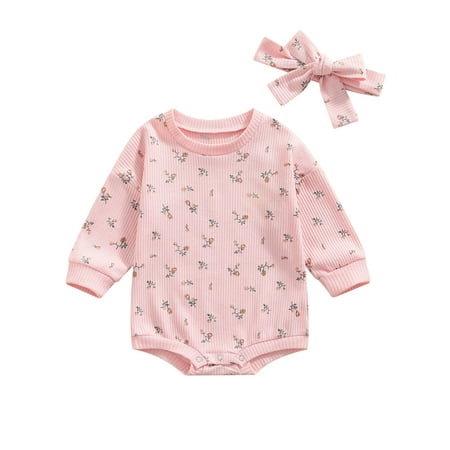 

Sunisery 2Pcs Newborn Baby Girls Fall Clothes Outfits Floral Long Sleeve Crew Neck Romper Bow Headband Pink 12-18 Months
