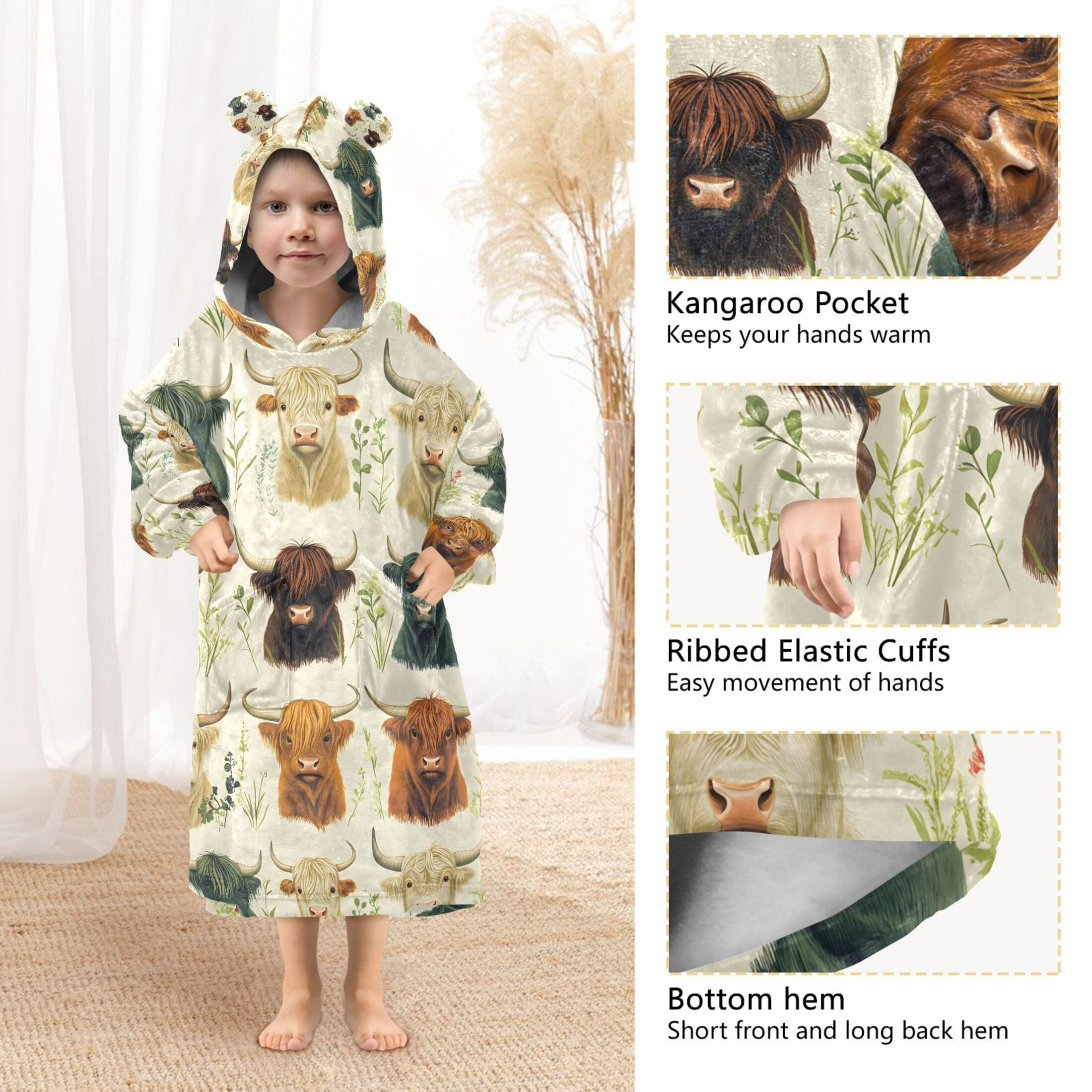 joogoo Blanket Hoodie for Highland Cattles Oversize Sweatshirt 3-14 YR L