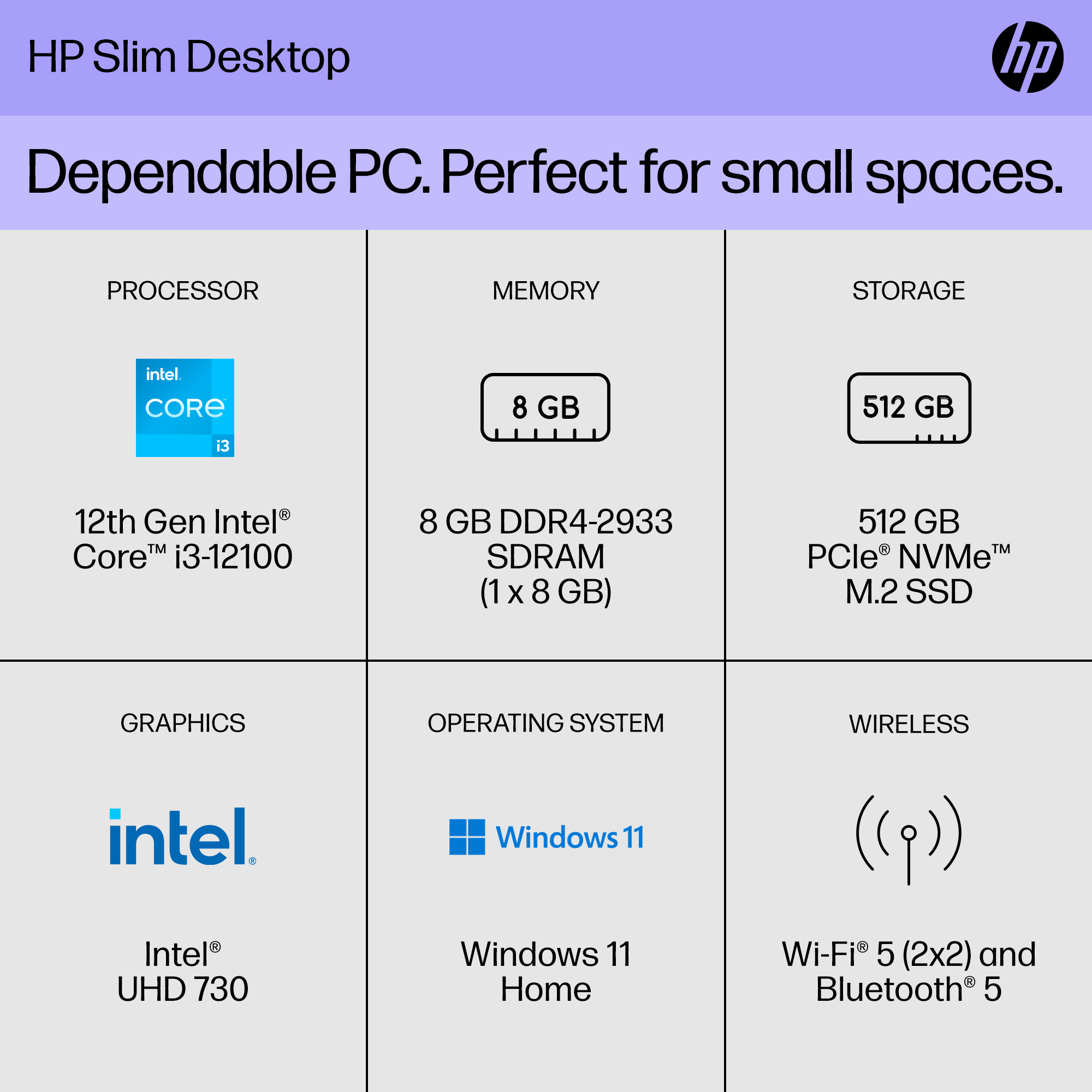 HP Slim Desktop Intel Core i3-12100 8GB RAM 512GB SSD Dark Black (2023) - image 2 of 11