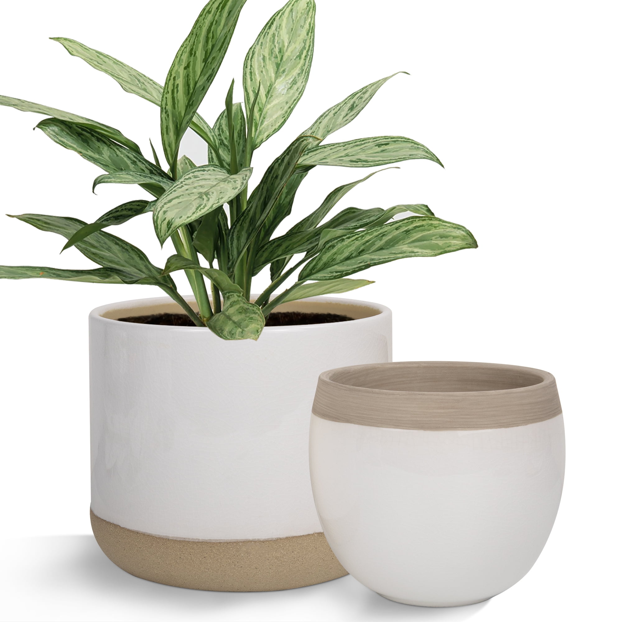 Ceramic Flower Pot Planter - 6.7+5.5 inch Concave Dot Patterned Cylinder Flower Pot with Drain Hole for Indoor, Set of 2, Ivory La Jolie Muse