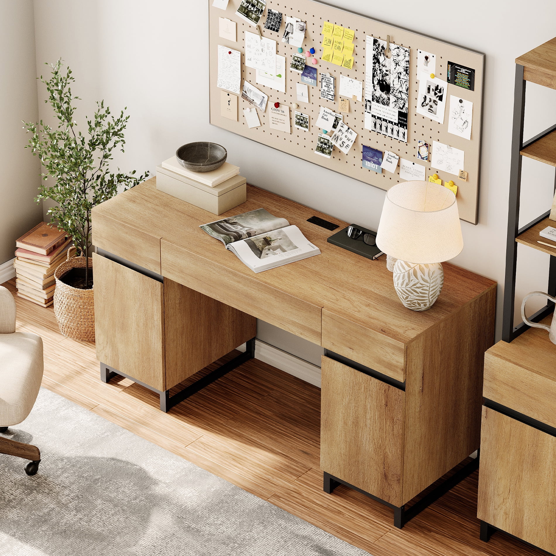 WAMPAT Home Office Set: 59" Modern Desk with Charging Station and Storage Cabinet, 72" Tall Bookcases with Adjustable Shelves, Wood Computer Desk and Library Storage Cabinet for Work Study, Oak