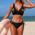 thumbnail image 4 of Levmjia Women's Bikini Set V - Neck Embroidered Palm Tree Solid Tankini Top Tie - Side Bikini Bottom Padded No Underwire Size S - XL, 4 of 8