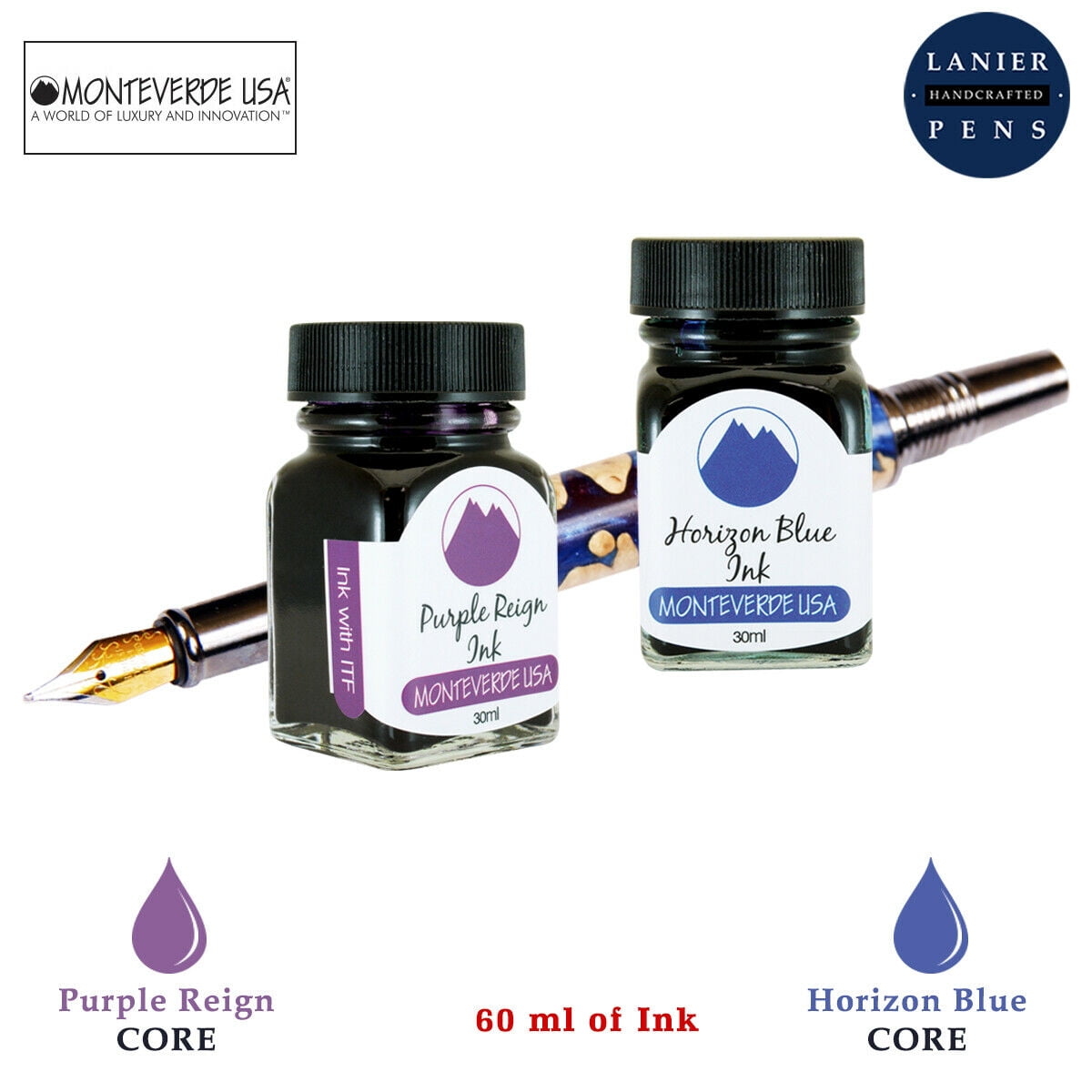 Monteverde 60ml Core Fountain Pen Ink Bottle (30ml Purple Reign Ink Bottle G309PR, 30ml Horizon Blue Ink Bottle G309HB)