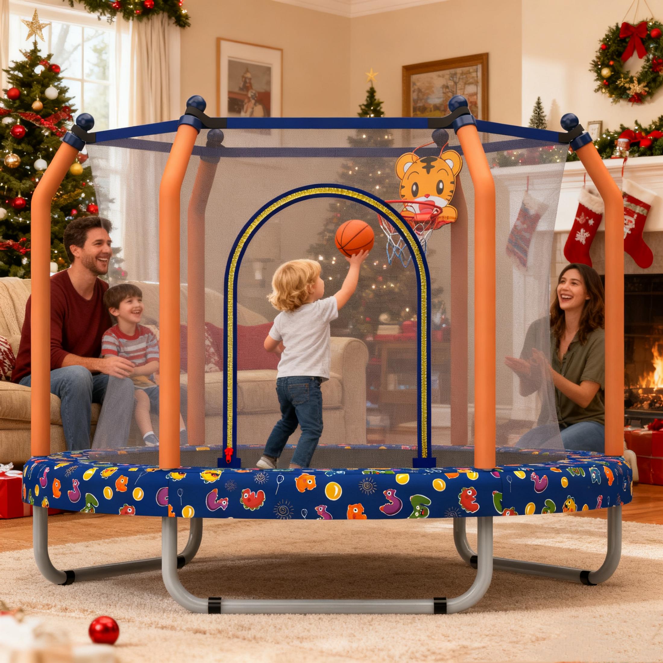 55" Toddler Trampoline with Enclosure Net, SHINPT Child's Mini Trampoline with Basketball Hoop, Round Recreational Tranpolines for Birthday Gifts, Kids Trampoline for Aged 3-6, Indoor & Outdoor