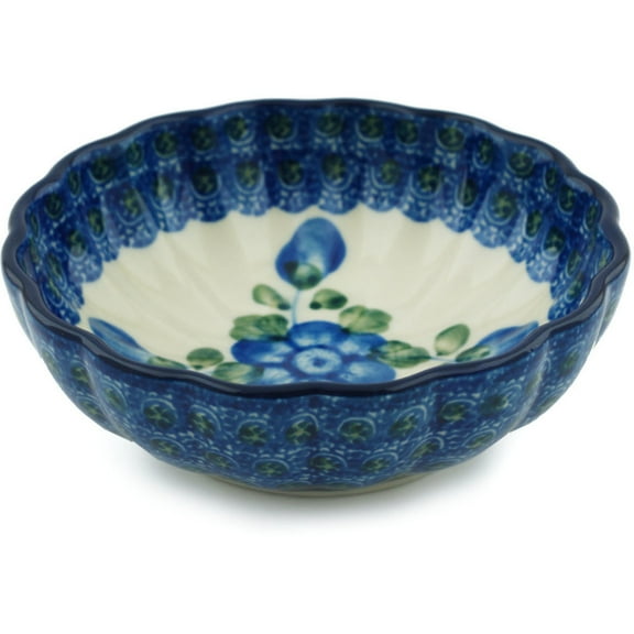 Polish Pottery Bowl 5-inch Polmedia Blue Poppies Theme Hand Painted in Boleslawiec, Poland   Certificate of Authenticity
