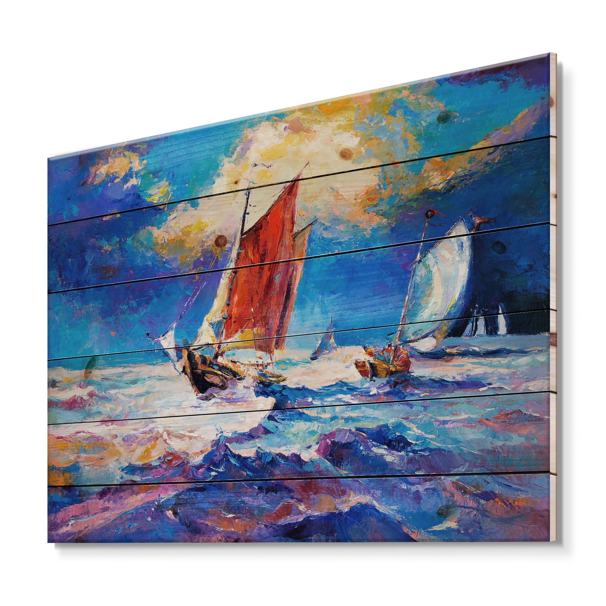 Designart 'Sailships On The Ocean Waves During Evening' Nautical & Coastal Print on Natural Pine Wood