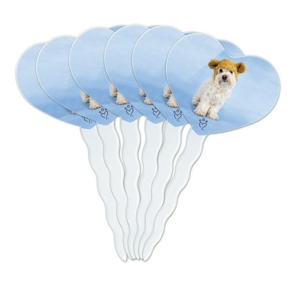 Bichon Maltese Puppy Dog Wearing Bear Hat Heart Love Cupcake Picks Toppers Decoration Set of 6