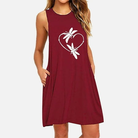 

XIAOFFENN Fashion Womens O-Neck Pocket Printing Sleeveless Casual Nightdress Dresses