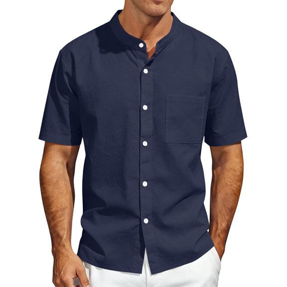 Men's Linen Shirts Short Sleeve Casual Button Down Shirt Solid Color Loose Fashion Top Lightweight Breathable Chest Pocket Mandarin Collar Summer Beach Outdoor Tops Clothing Trendy 2026