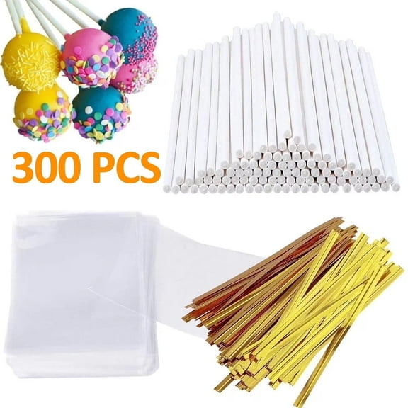 Cake Pop Sticks and Wrappers Kit,Including 100ct 6-inch Paper Lollipop Sticks,Cake pop bags,100ct Gold Twist Ties for Hard Candy, Suckers,Chocolate