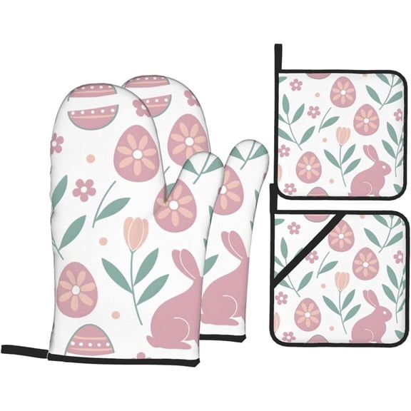 Easter Oven Mitts and Pot Holders Sets 4 pcs, Kitchen Oven Gloves Heat Resistant BBQ Gloves Non Slip for Chef, Cooking, Baking