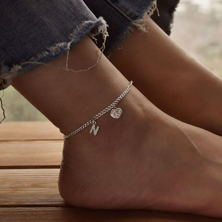 Dainty Silver Initial Anklets for Women 14K Plated Sparkle Ankle