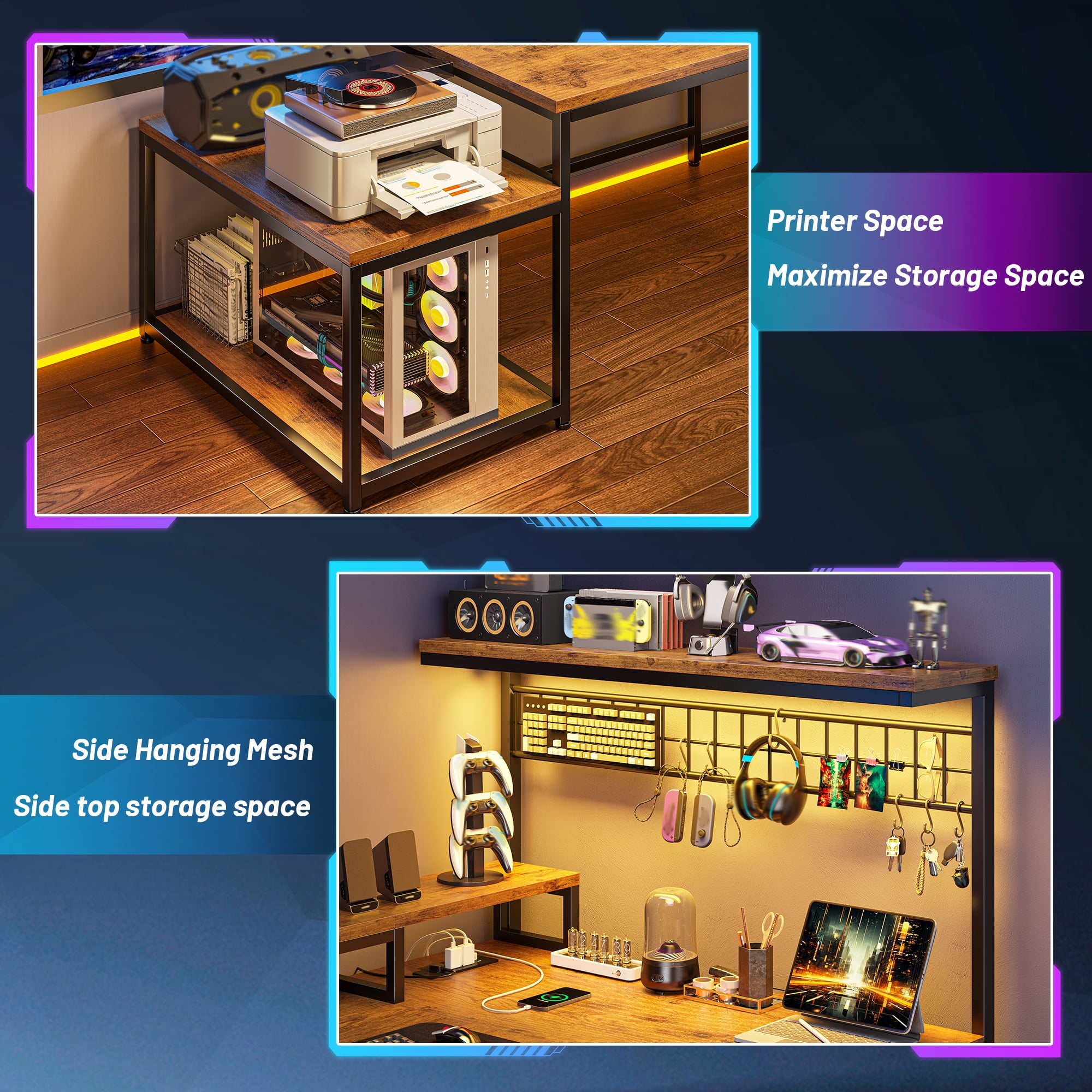 Romorgniz 63.5"W L Shaped Computer Desk with LED Lights & Power Outlets, Gaming Desk with Monitor Stand, Printer Stand & Storage Shelves for Home Office, Rustic Brown