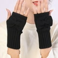 thumbnail image 3 of 1 Pair Fingerless Bowknot Decor Women Gloves Autumn Winter Ribbed Cuff Solid Color Knitted Gloves Arm Warmers, 3 of 10