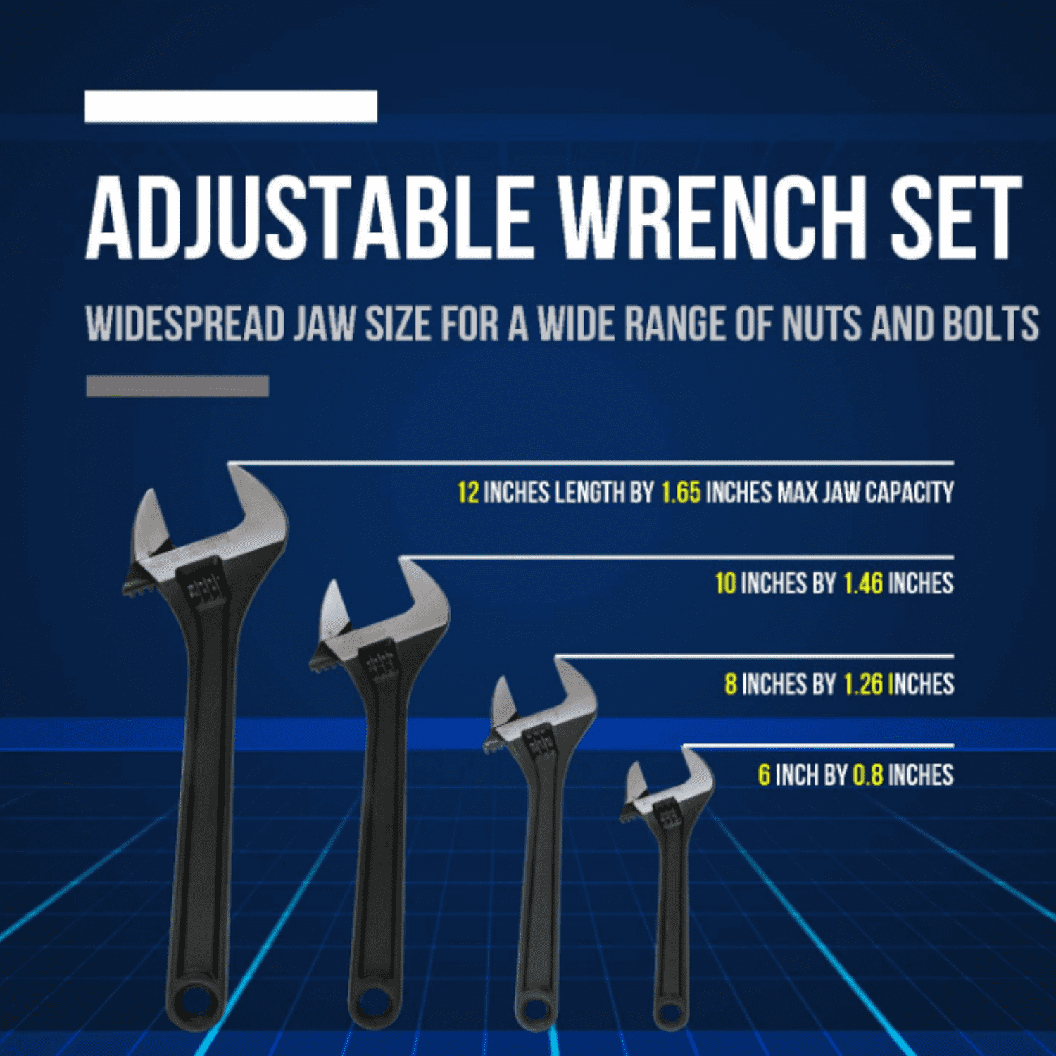 4-Piece CR-V Adjustable Wrench Set, Industrial Grade Drop Forged Chrome Vanadium Steel Black Oxide Finish Wide Jaw, 6, 8, 10, 12 Inch