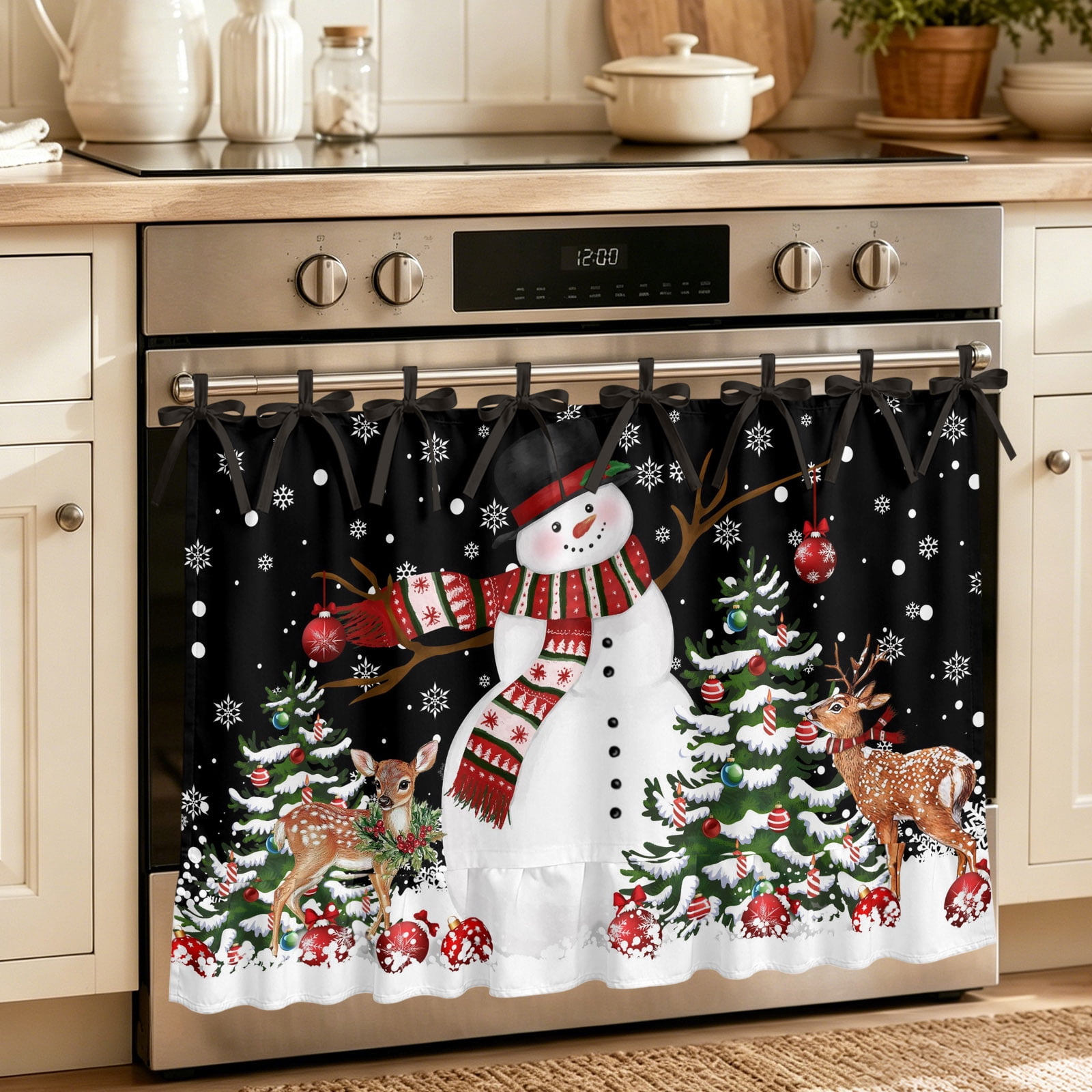 Oven Curtain for Kitchen Winter Snowman Elk on Black Stove Curtain With Ruffled Trim Dishwasher Curtains Christmas Tree Balls Oven Skirt 32 x24