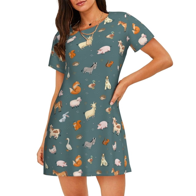Balery Farm Animal Camisón de manga corta con cuello redondo para mujer, cómodo y elegante.