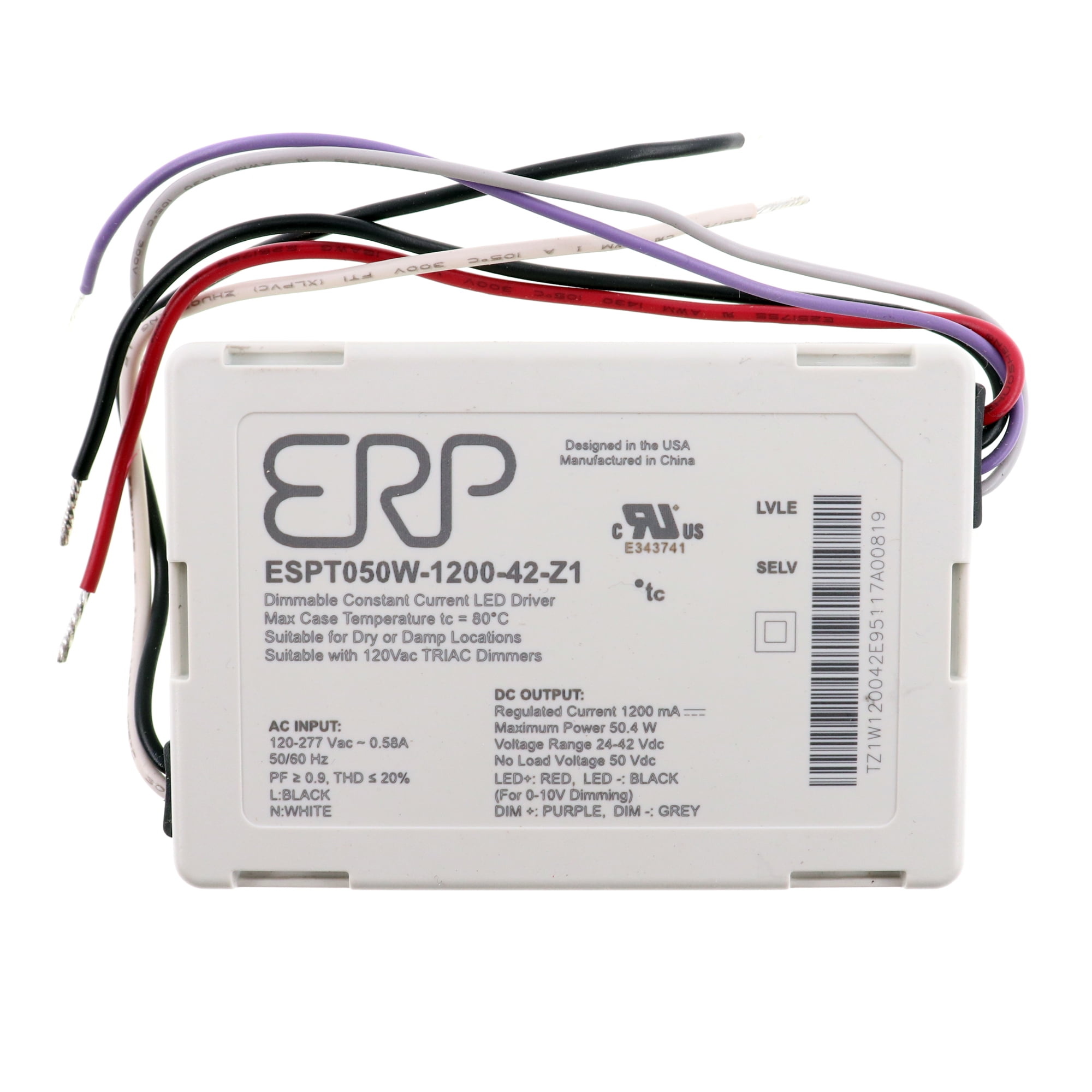 ERP ESTP050W-1200-42-Z1 Constant Current LED Driver, 0-10V Dimmable,  1200mA, 50W, 24-42Vdc, 120/277V