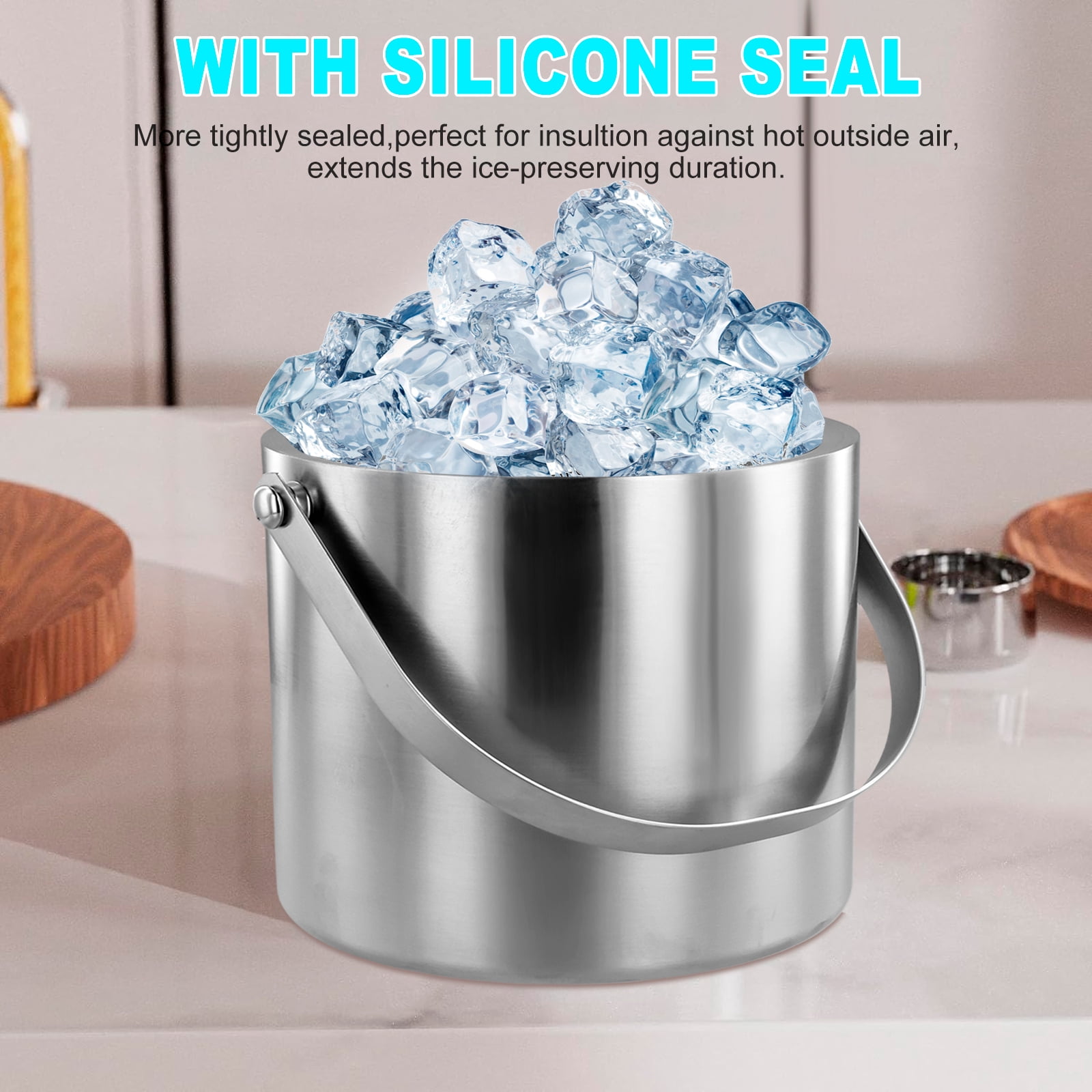 Lzvxtym Stainless Steel Ice Bucket with Lid Strainer Tong 2.0L Double Walled Insulated Ice Bucket Ice Bucket Container for Cocktail Bar Parties