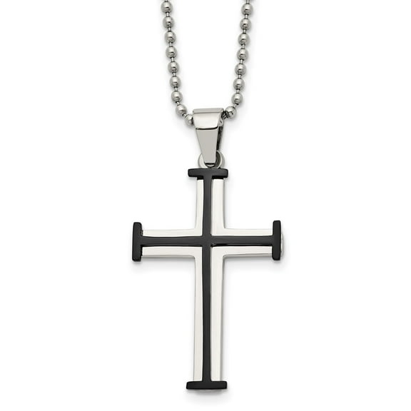 Auriga Stainless Steel Polished Black IP-plated Cross Pendant on a Ball Chain Necklace for Mens 22"