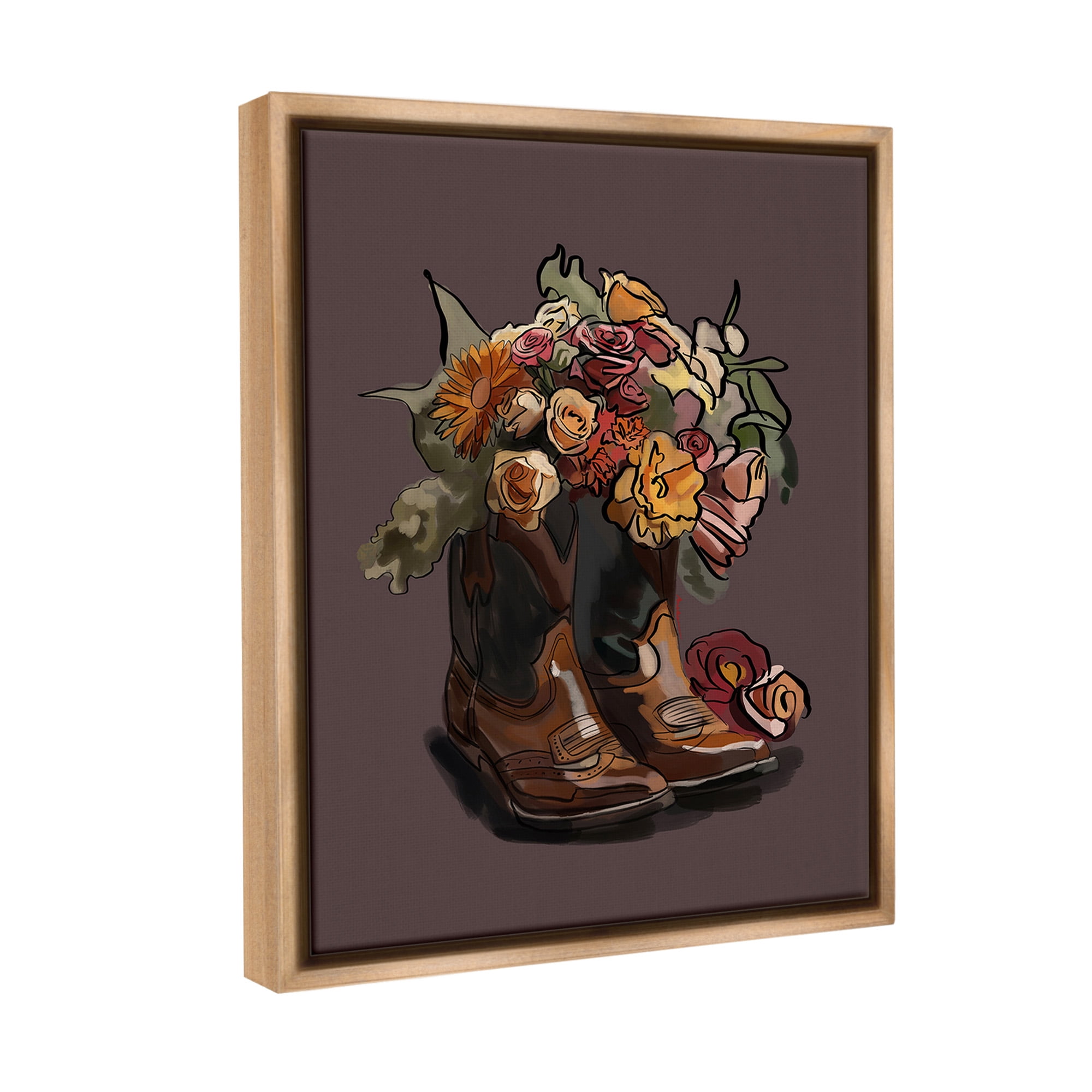 Stupell Industries Modern Floral Boot Bouquet Botanical & Floral Painting Brown Floater Framed Canvas Art Print Wall Art, 25 x 31