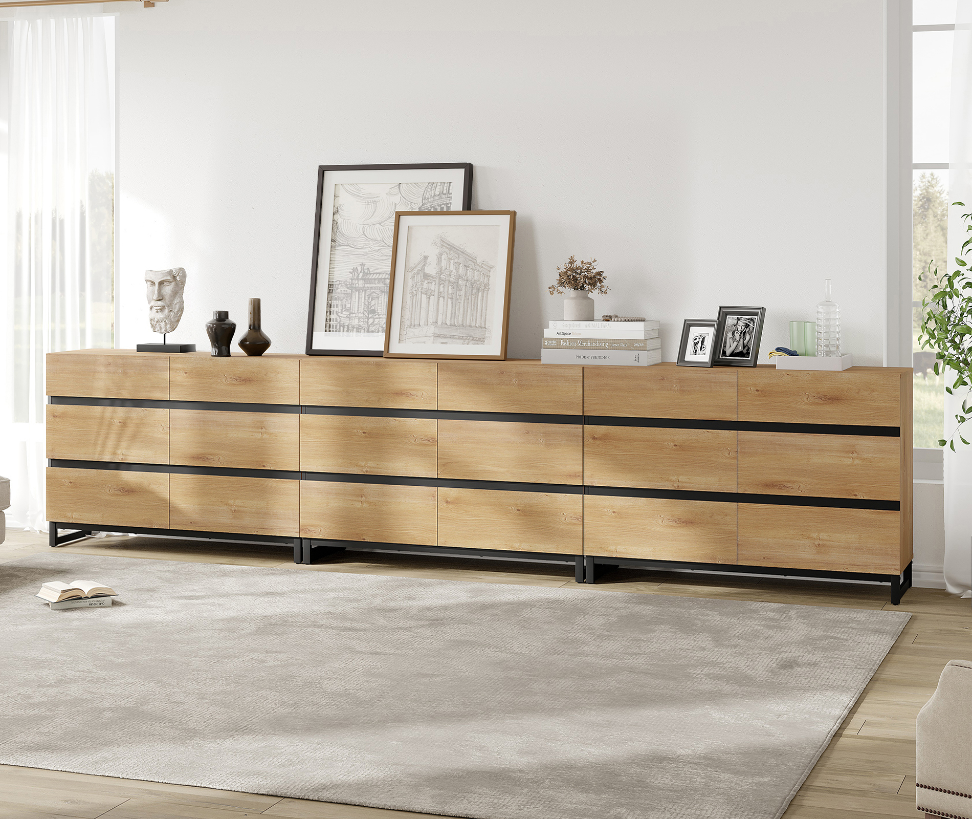 WAMPAT 5-Piece Bedroom Set, Modern 142" 18-Drawer Dresser & 2 Nightstands (2 Drawers Each)
