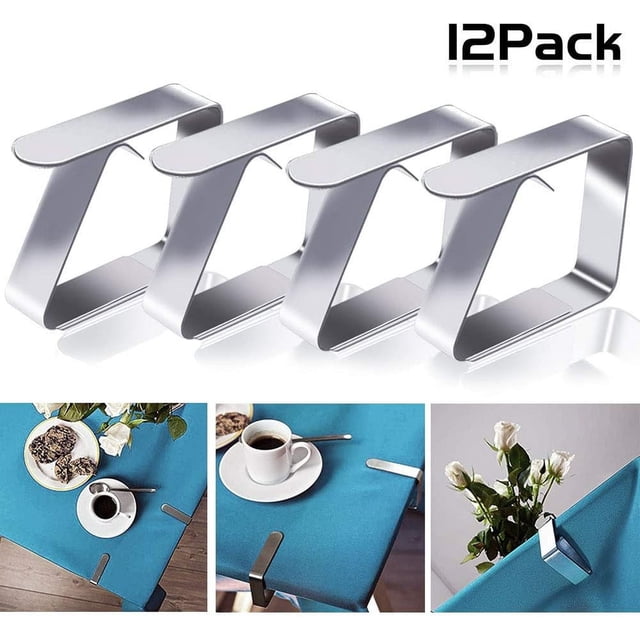 Pinzas para manteles de exterior de acero inoxidable flexibles para un uso fácil en picnics, cenas con facilidad en bodas, bufés, cenas, campamentos (12 piezas)