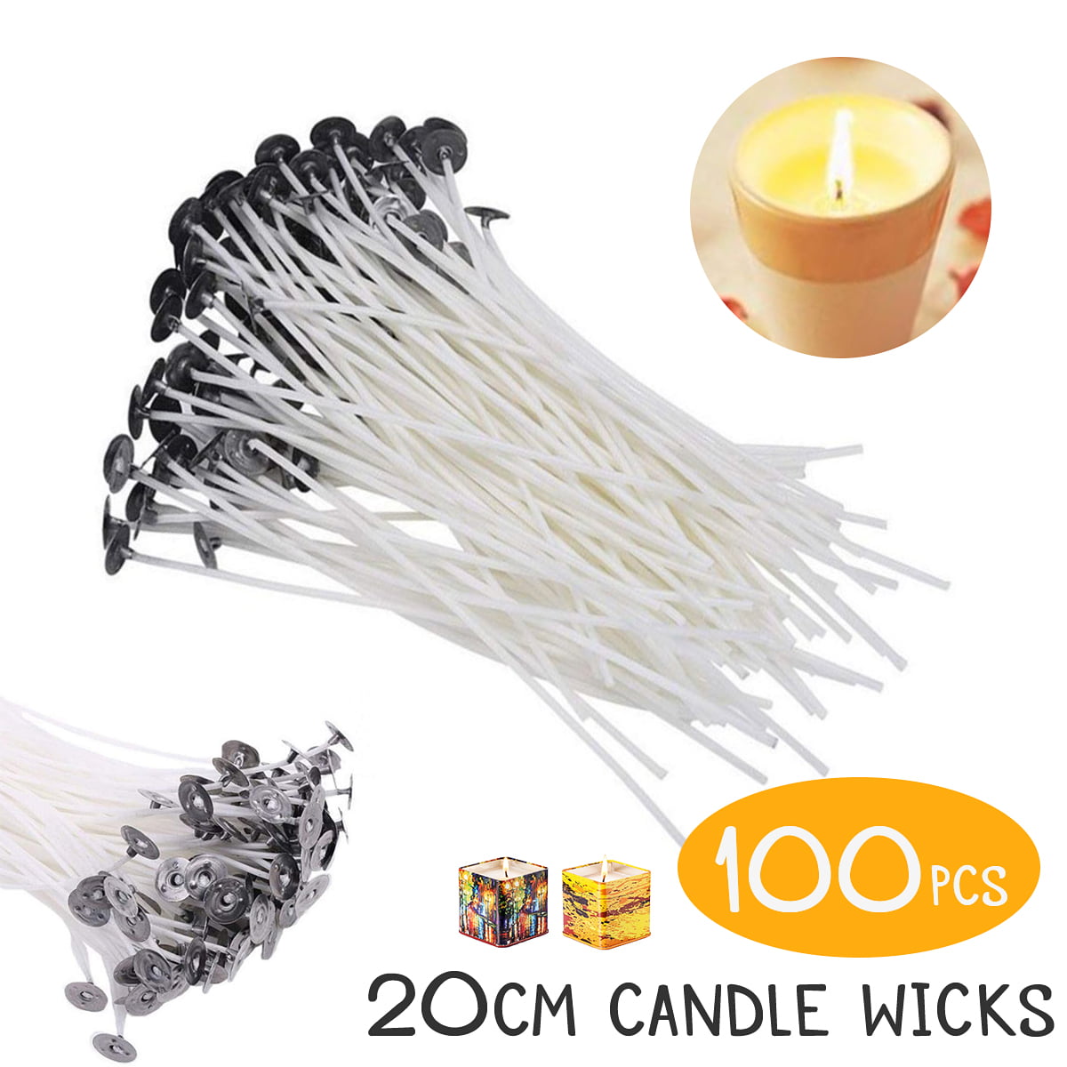 100x Candle Wick Pretabbed White Cotton Core Waxed With Sustainers for Making 