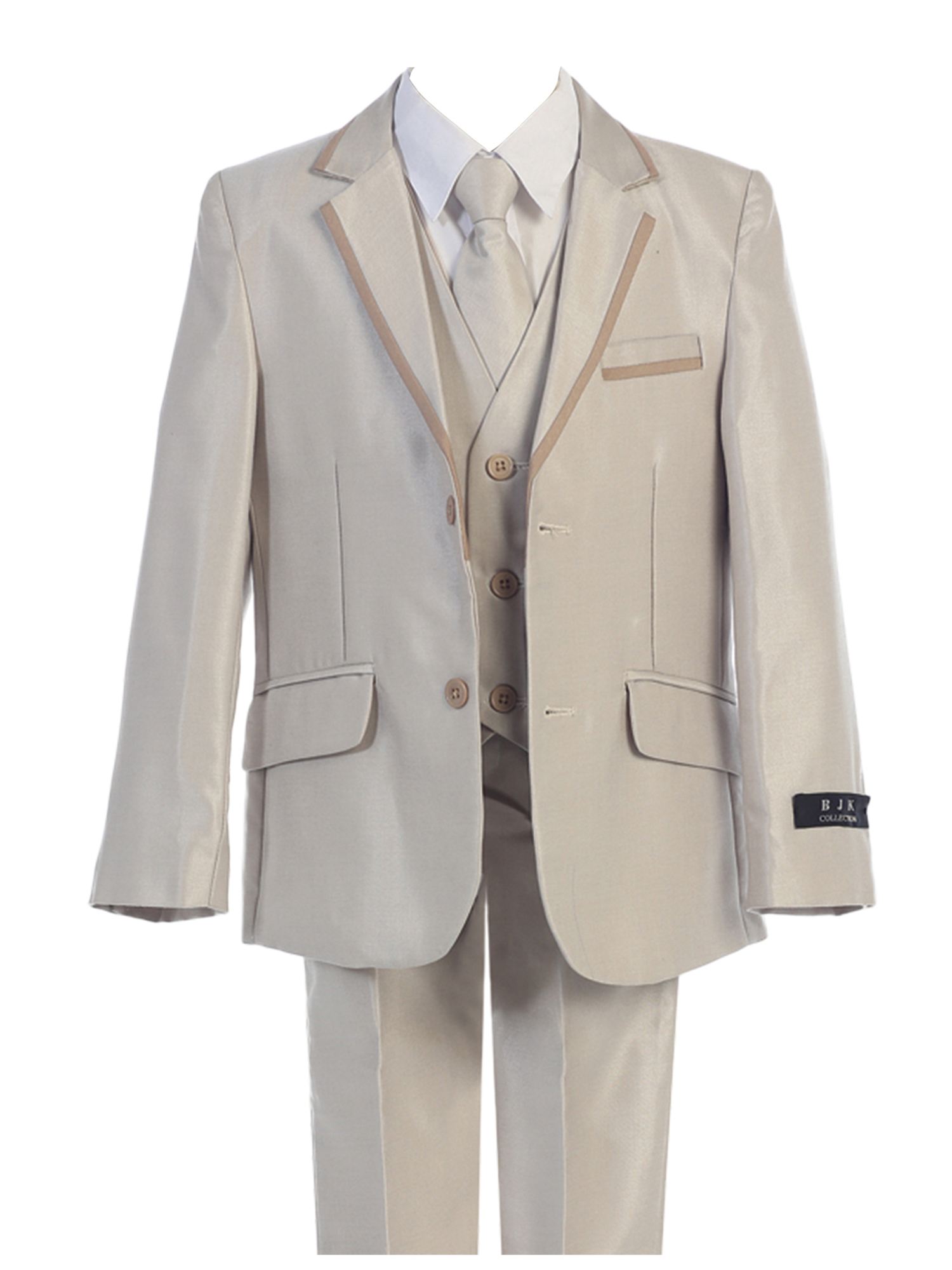 Bijan Kids Light Khaki 5 Pc Coat Vest Pant Tie Slim Suit Big Boys