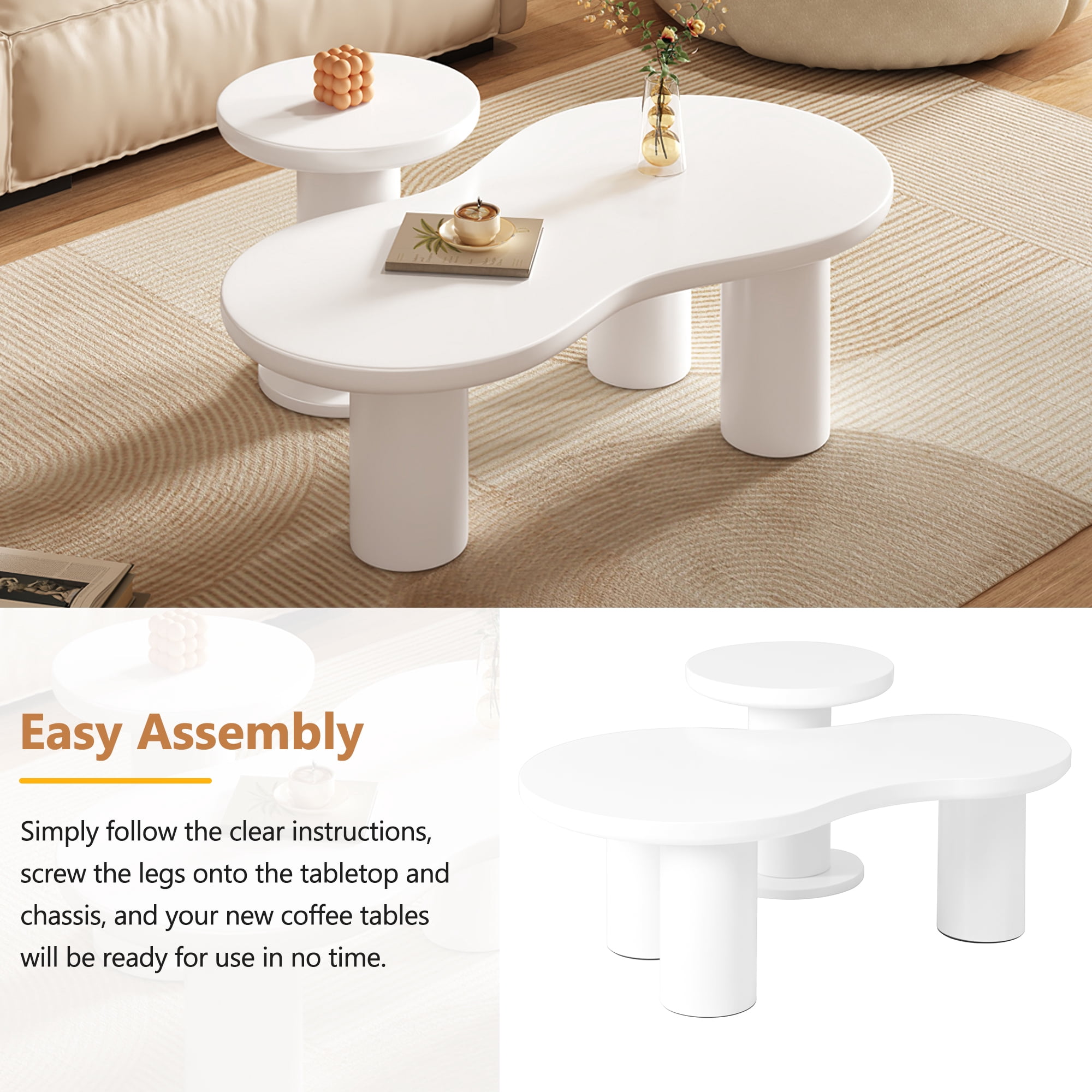 MAYEERTY Easy Assembly Nesting Coffee Table Set of 2, Cream Cloud Coffee Table & Round Side Table, Irregular Modern Center Table with Thick Legs for Living Room, White, 39.3" x 13.7", 15.7"