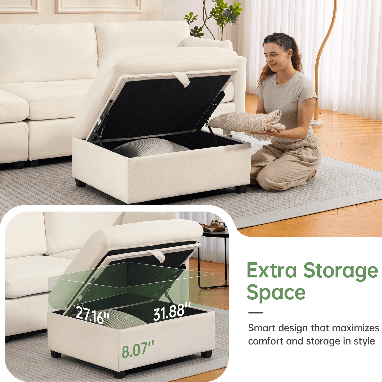 109" Modular Sectional Sofa Sleeper Bed with Storage Ottoman, Oversized Deep Seat Cloud Couch with Movable Ottomans, Convertible 4-Seat L-Shaped Sofa for Living Room or Apartment (Low Legs 1.97")