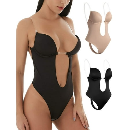 Deago Women s Backless Shapewear Deep V Bodysuit U Plunge Seamless Thong Low Back Body Shaper Bra (White  M)