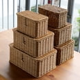 thumbnail image 2 of Caja de almacenamiento tejida de ratán de imitación de plástico con tapa Cesta de almacenamiento para el hogar Caja de almacenamiento de escritorio, 2 of 4