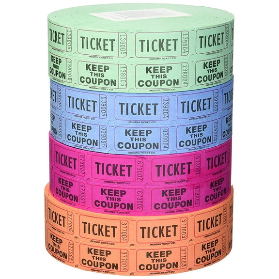 Indiana Ticket Company Raffle Tickets, (4 Rolls of 2000 Double Tickets) 8,000 Total 50/50 Raffle Tickets, Assorted