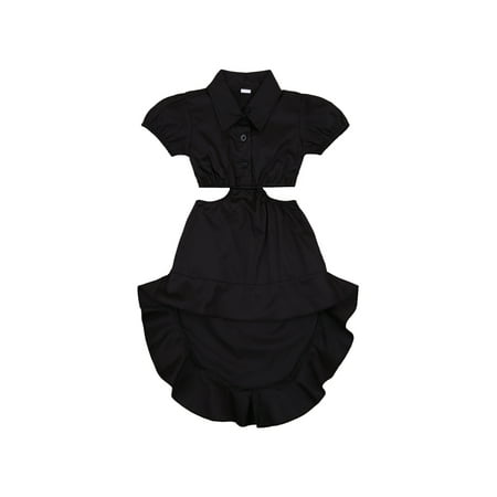 

Pudcoco Girl Solid Color Shirt Dress Short Sleeve Shirt Top Asymmetrical Hem Skirt
