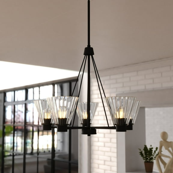 Dalton 5-Light 25.5 in. Wide Matte Black Round Chandelier, Clear Ribbed Glass Shade, LED Compatible, Adjustable Height, Hanging Ceiling Pendant Fixture for Dining Table Kitchen Bedroom Island Foyer