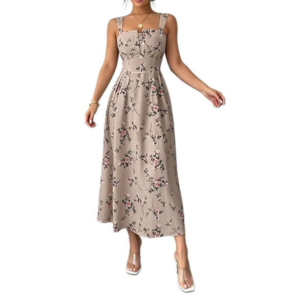 GUACER Taupe Floral Dress for Women Square Neck Wide Strap Midi Dresses Wedding Guest Elegant Pleated A-Line Summer Outfit