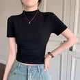 thumbnail image 2 of Camisetas de manga corta para mujer, Tops de Cuello medio alto informales de estilo coreano, Camiseta de punto delgado con cuello redondo para niña 2024, 2 of 4