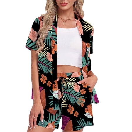Asklazy Women's 2 piece beach Outfits Tropical Swimsuit Cover Up Kimono Beach Wear Set with Shorts Pockets,Mother‘s Day,M